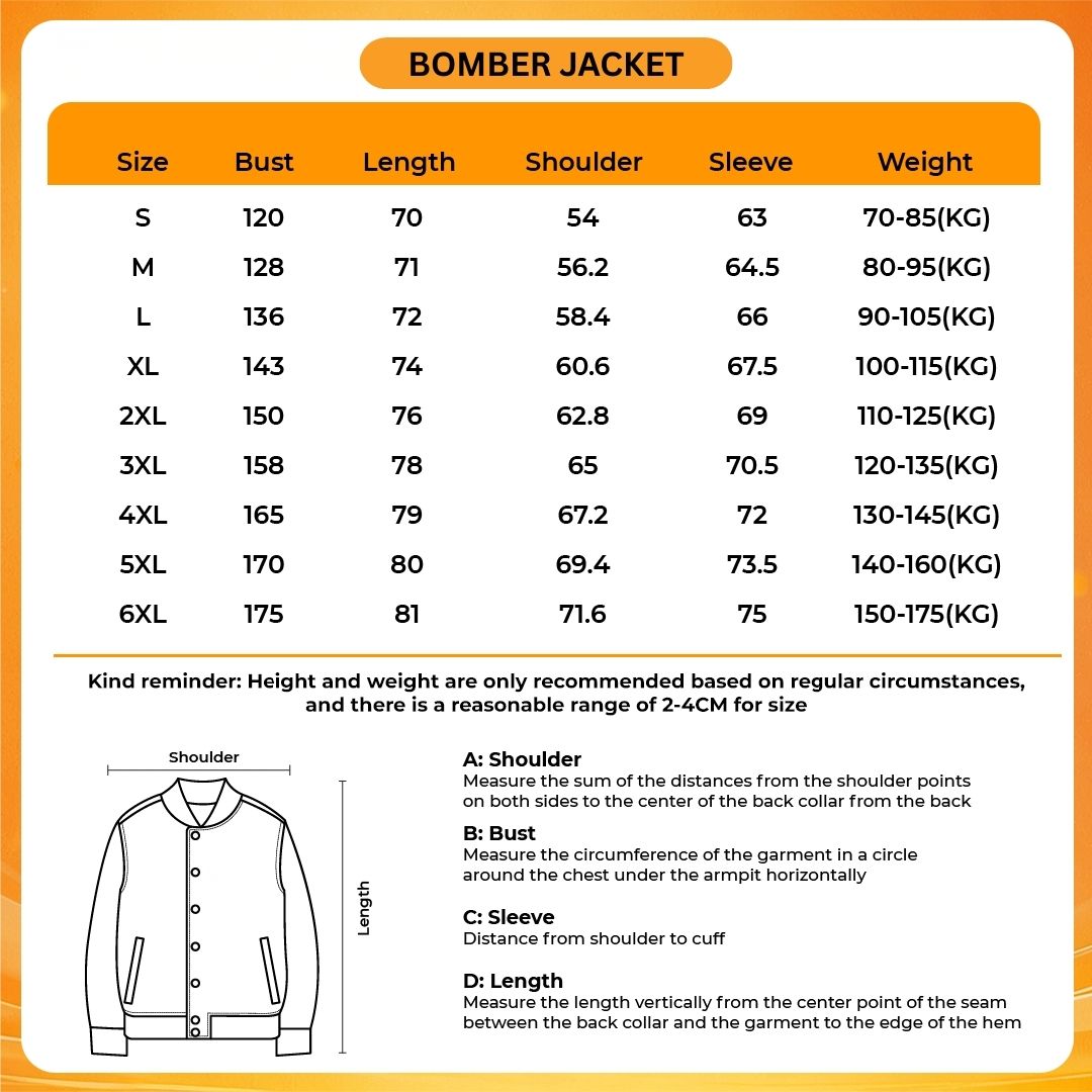Bomber Jacket Size Chart - Miffy Merch